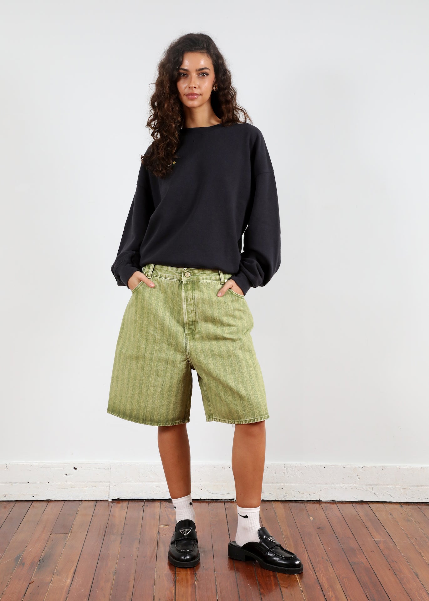 'Twill Stripe Green' Baggy Denim Short