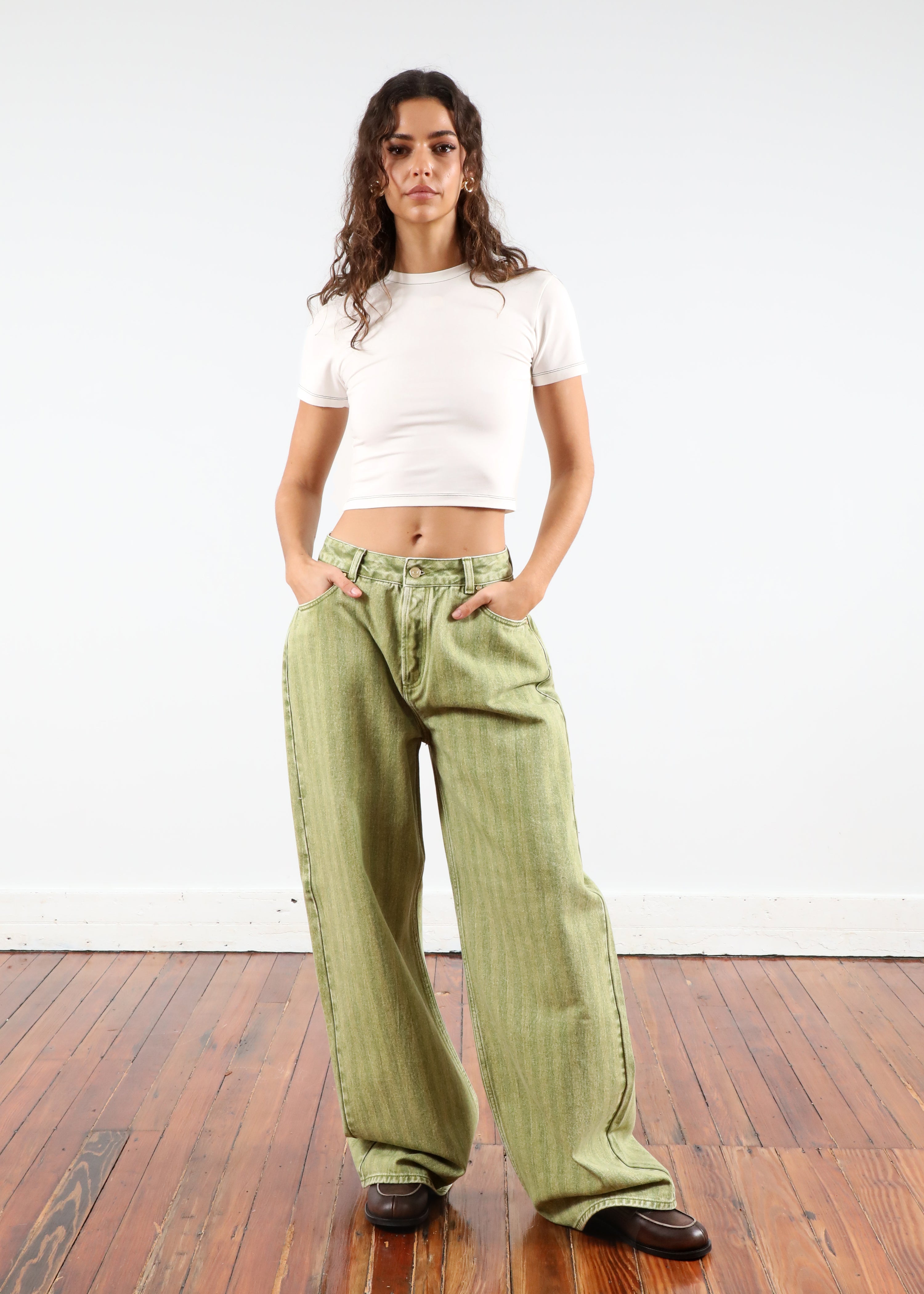 'Twill Stripe Green' Low Rise Baggy Denim