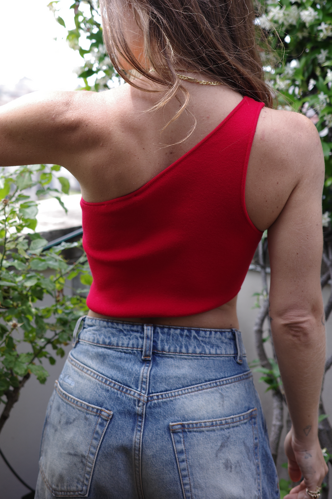 'Red' One Shoulder Knit Top