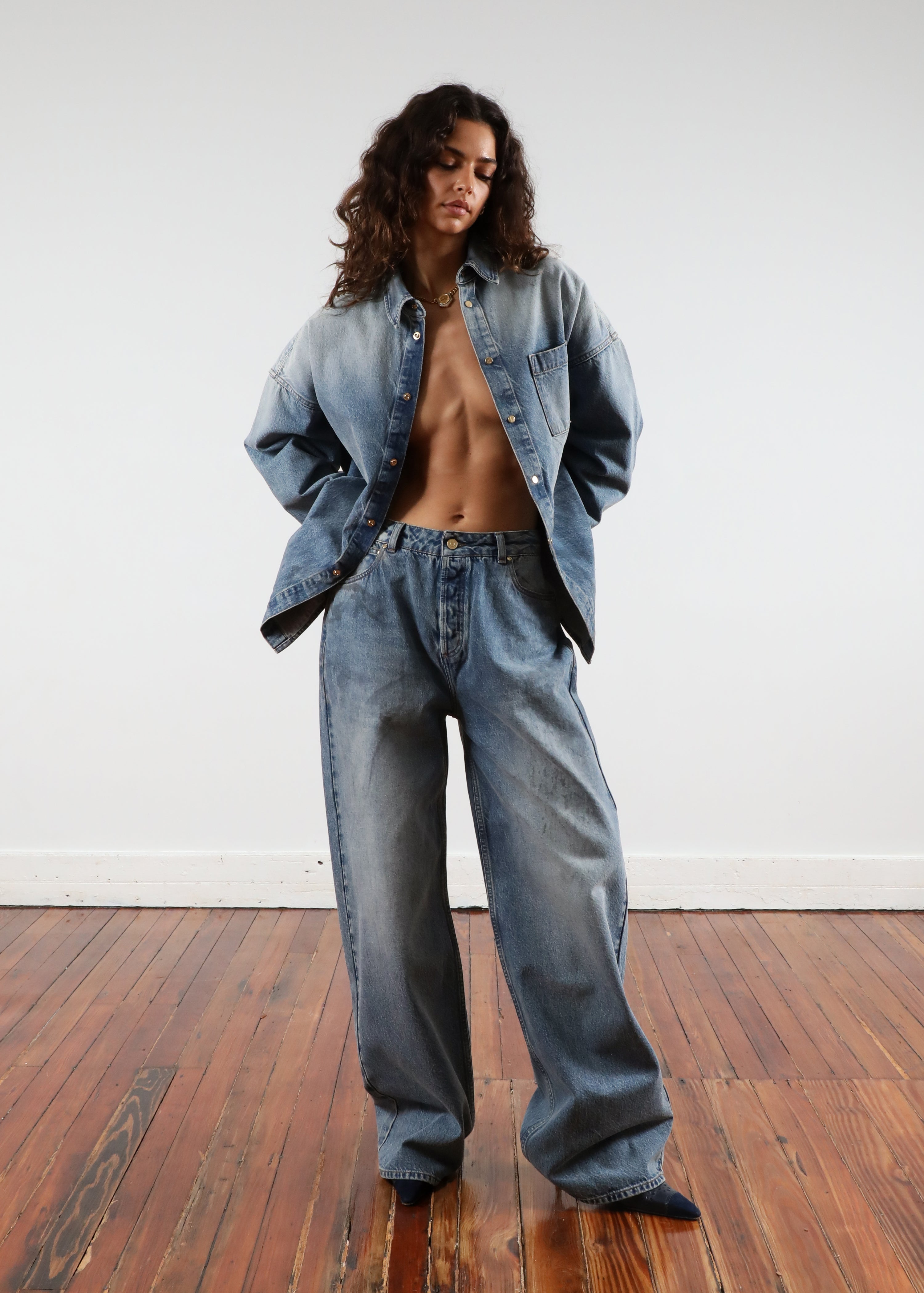 'Vintage Wash' Oversized Denim Snap Shirt